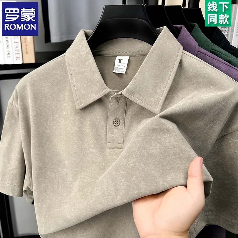 罗蒙含棉男士短袖t恤夏季新款扎染上衣翻领商务休闲中年Polo衫男