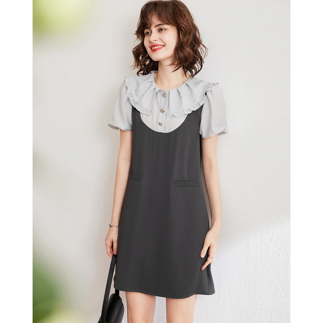 【商场同款新品】白鹿语木耳边娃娃领夏季泡泡袖宽松连衣裙ZYU20093