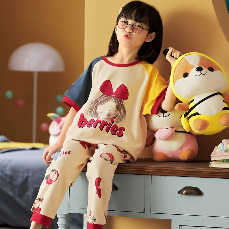 巴拉巴拉童装适用儿童睡衣春夏季纯棉薄中大童女短袖长裤半袖女孩