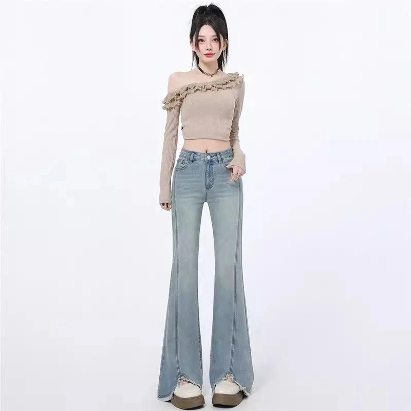 美式浅蓝微喇叭牛仔裤女2025年春季新款高腰修身显瘦设计感马蹄裤
