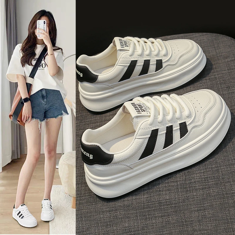 小白鞋女款2025爆款百搭春秋透气真皮厚底网红休闲鞋女士学生板鞋