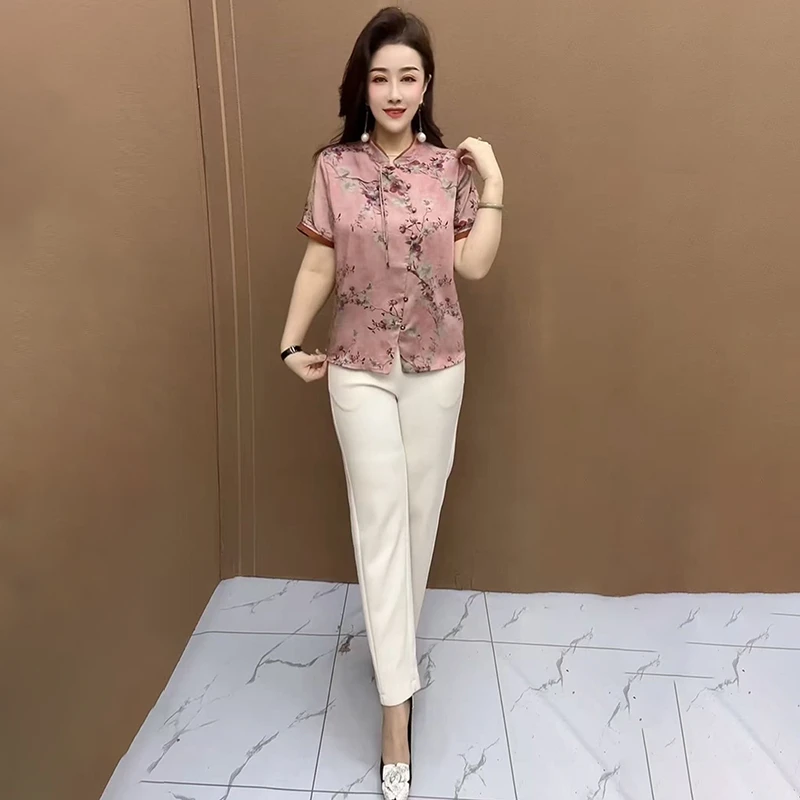 中式短旗袍夏季新款中老年妈妈宽松遮肚显瘦上衣高档开衫两件套