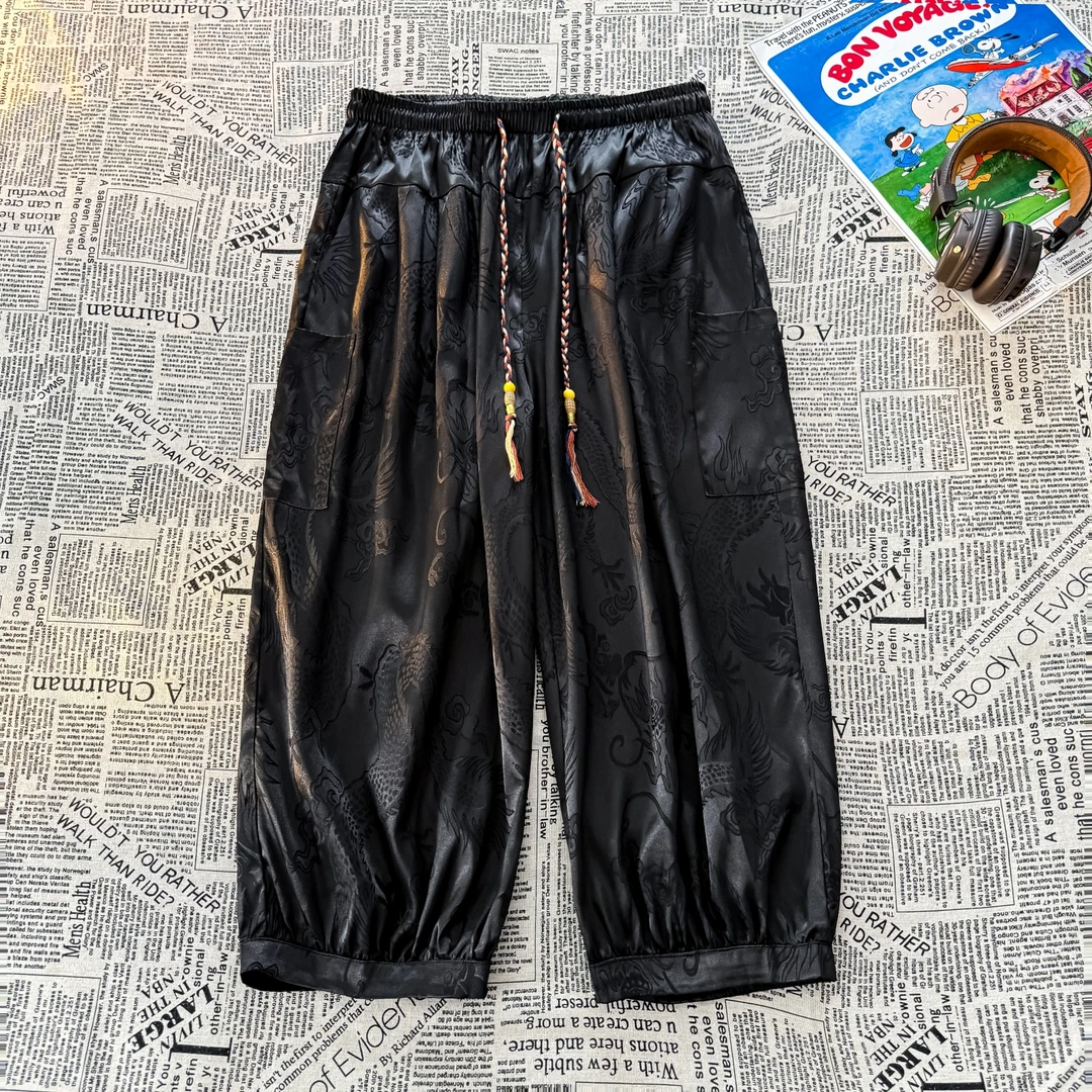 龙纹花裤子男士速干冰丝沙滩短裤夏季暗黑系新中式宽松直筒七分裤