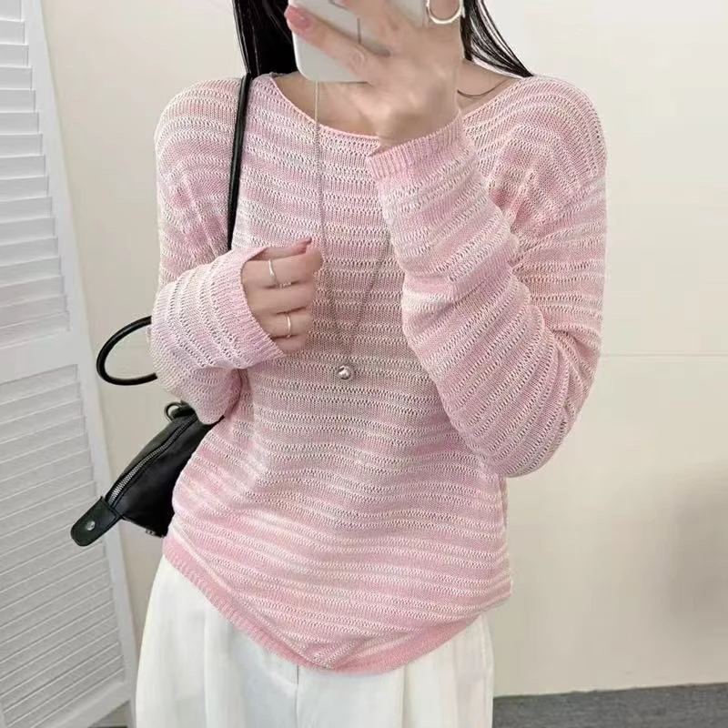 镂空防晒一字领针织衫宽松显瘦纯色罩衫1895