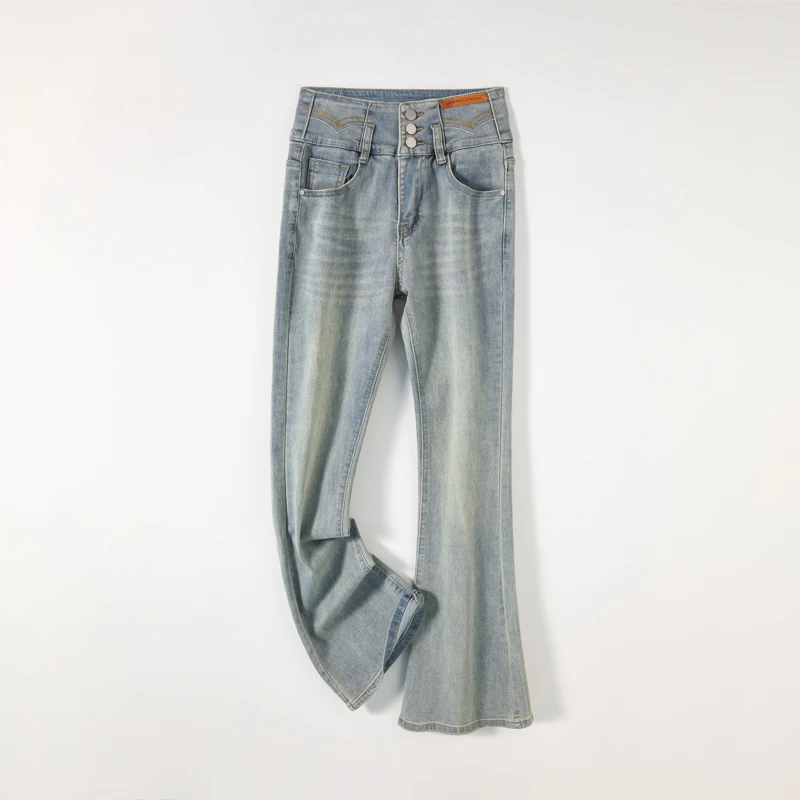 2025时尚百搭高腰三扣修身显瘦微喇水洗牛仔裤女MS8011