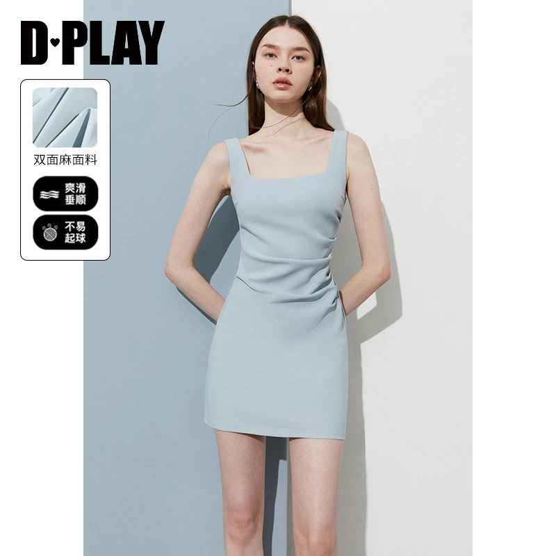 DPLAY2025年夏季新款蓝色连衣裙女法式流行短款裙子气质收腰短裙