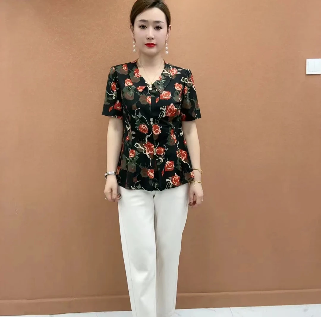 2025新款时尚气质妈妈装夏季宽松印花翻领短袖T恤中年女百搭上衣