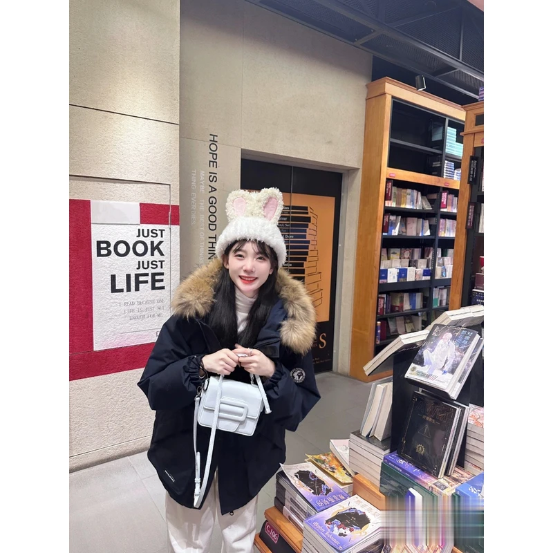 御雪狮【冬日小熊】藏蓝工装90鸭绒羽绒服派克服短款冬季毛领韩系