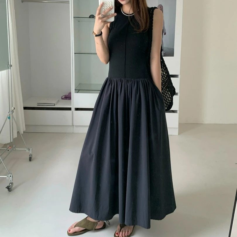 法式赫本风无袖针织拼接收腰显瘦气质连衣裙