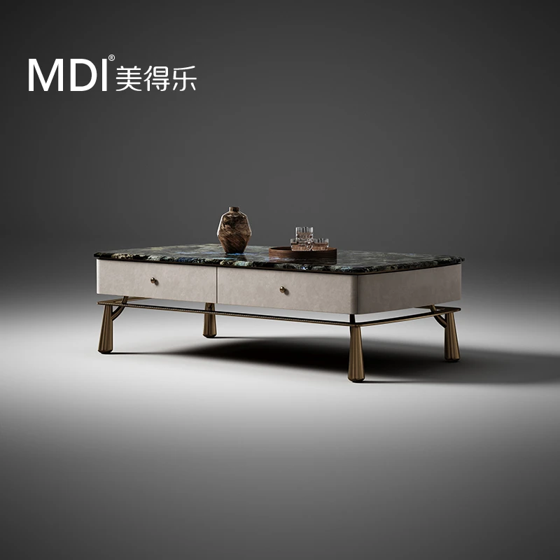 美得乐意式轻奢奢石黑胡桃木茶几现代豪宅极简客厅家用方形抽屉