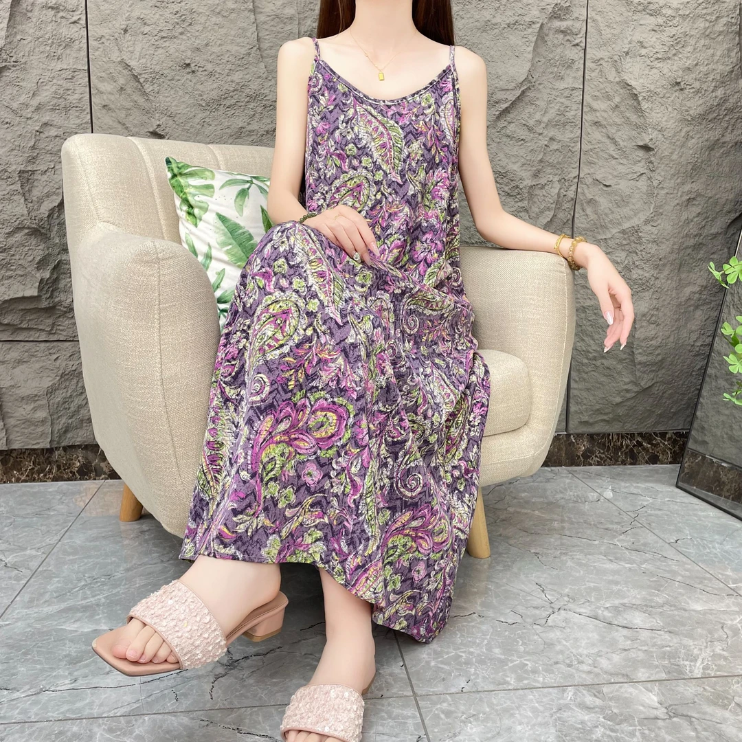 【迷迭香】夏季碎花时尚宽松气质扎染吊带连衣裙女宽松印花长裙女