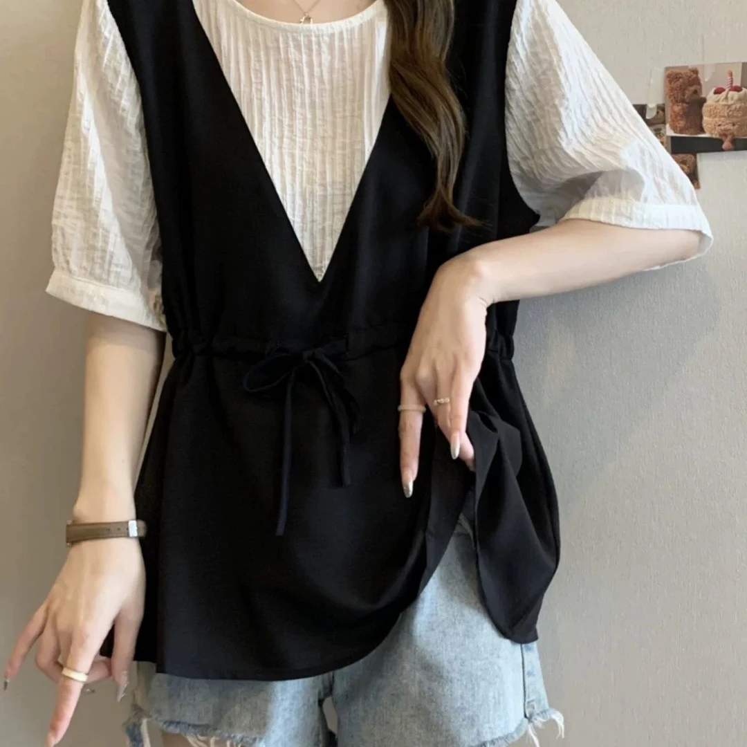 大码女装韩版假两件收腰撞色短袖恤夏季胖遮睡衣