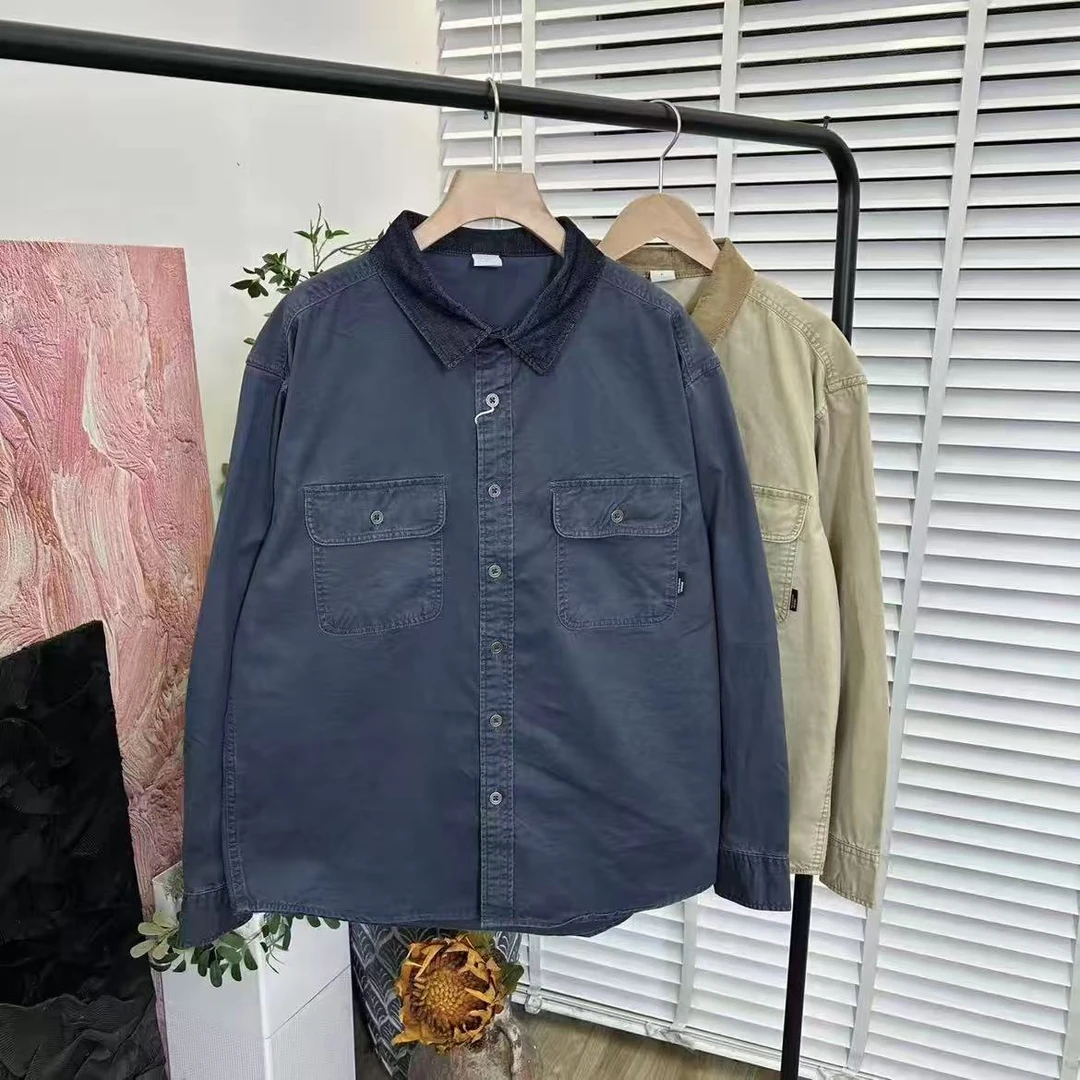 美式复古「水洗做旧风 单排扣长袖衬衫情侣E5255