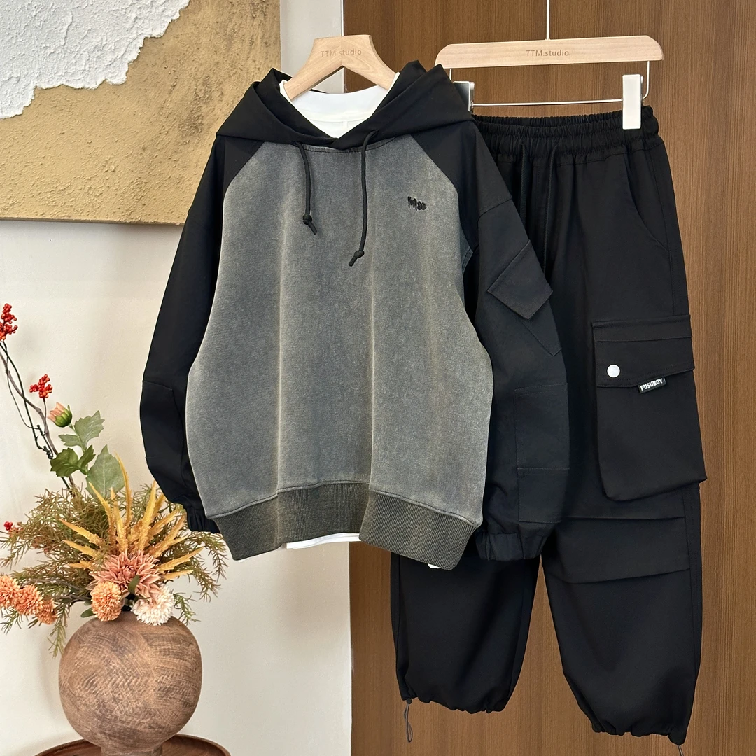 【801】男童工装轻奢套装2025春秋宽松卫衣两件套潮牌