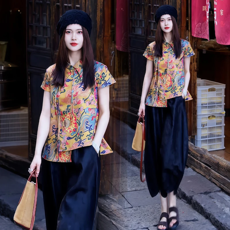国风设计感休闲时尚套装女2025年夏季新款不规则上衣阔腿裤两件套