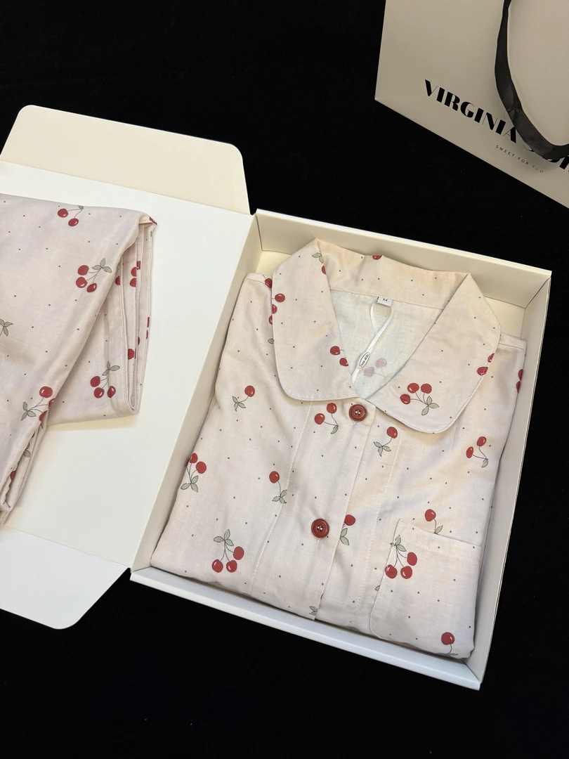 甜美时尚白鹿同款睡衣女波点小熊樱桃透气双层棉纱家居服套装