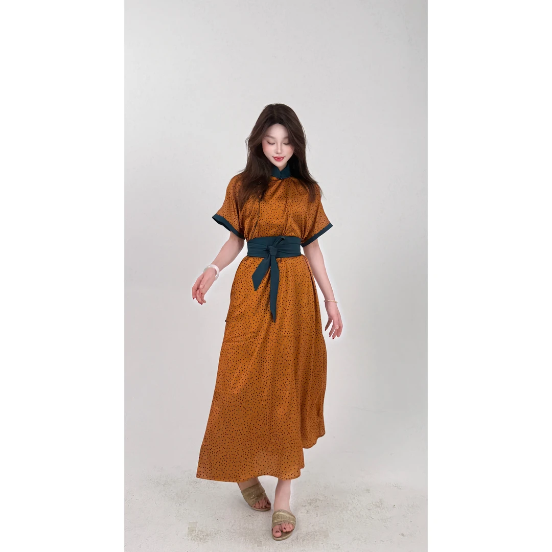 【蒙古丽人】【小店专属】高级定制夏季波点裙印花优雅连衣裙轻奢长裙