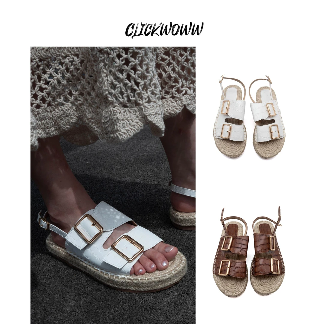 ClickWoww 大理石纹麻底度假风皮带扣简约露趾凉鞋女