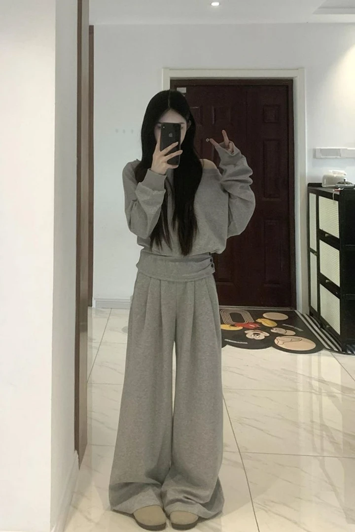 韩系慵懒风不规则气质灰色斜肩长袖上衣宽松显瘦阔腿裤早秋两件套