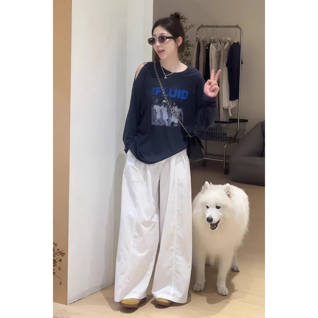 一整套ootd穿搭套装慵懒风宽松印花长袖T恤休闲直筒阔腿裤两件套