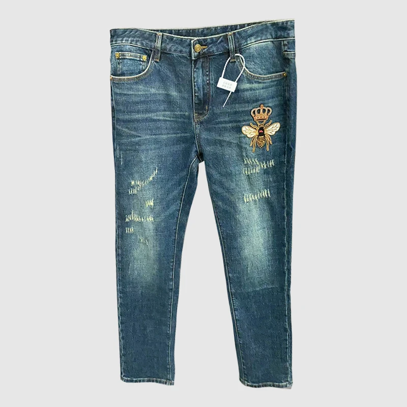 【清福利】春秋季潮流个性蜜蜂刺绣牛仔裤男士时尚百搭修身裤子
