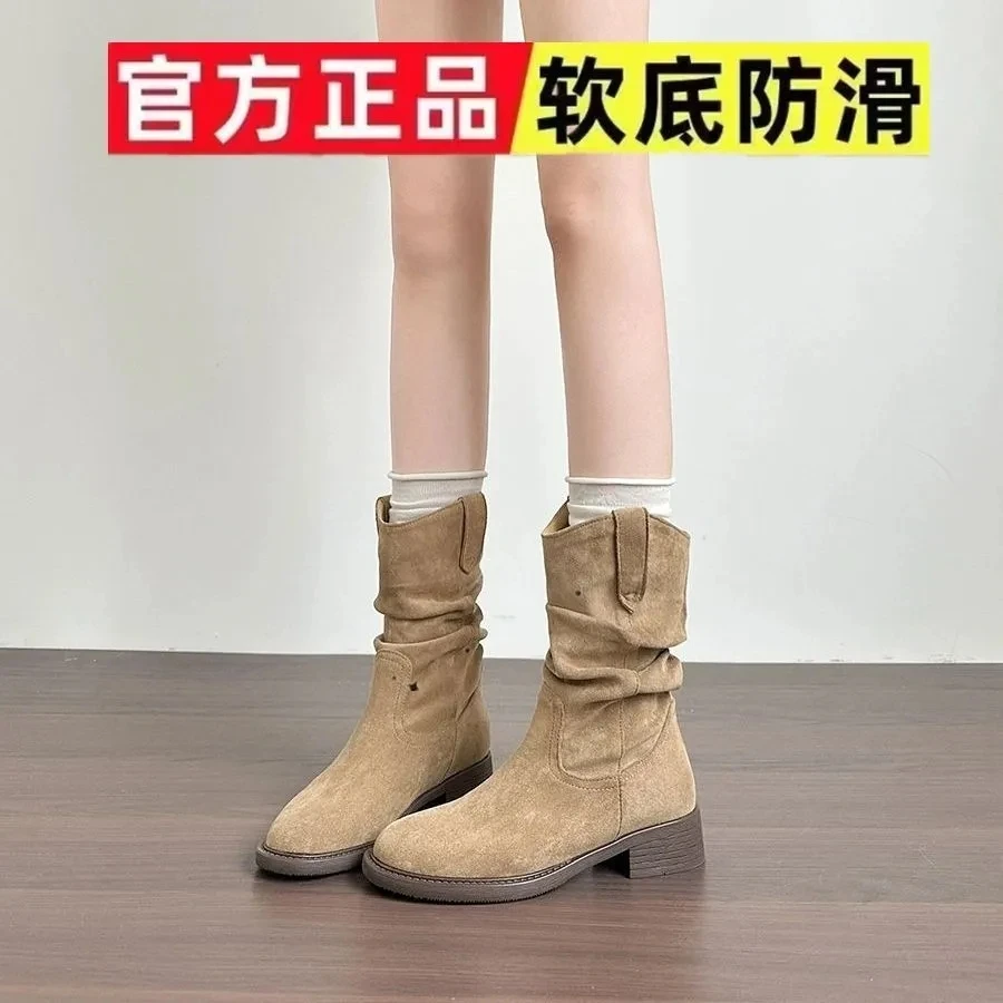 筒靴中筒卡其色高跟靴子粗跟瘦瘦靴防滑秋季马丁靴女春秋网红百搭