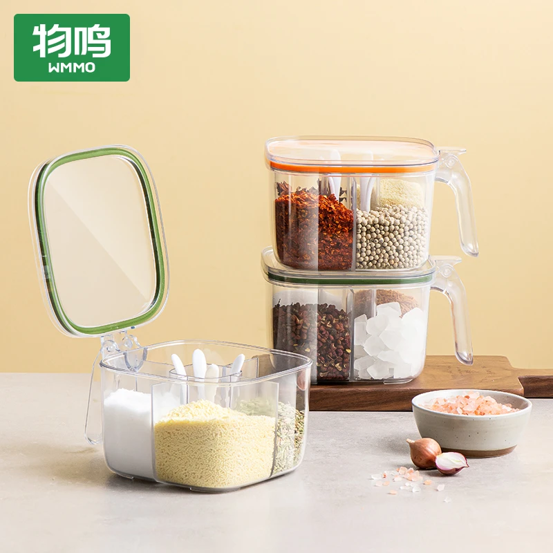 物鸣桌面四格调味盒带盖家用盐味精防潮调料盒佐料收纳盒调味盒