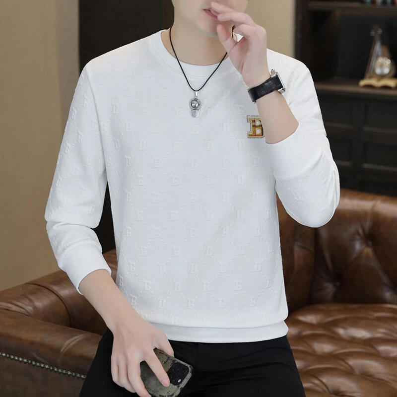 英格堡新款男士休闲烫钻卫衣简约百搭春季圆领薄款潮流上衣5502