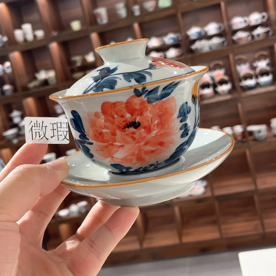 釉下手绘茶具微瑕没底款