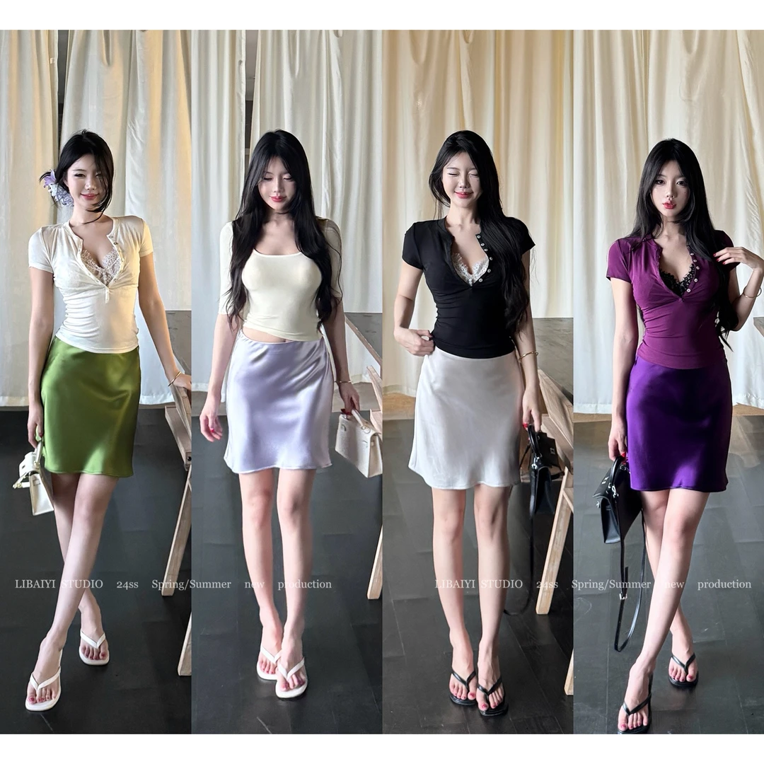 现货LIBAIYI 重磅四色醋酸/新款百搭显身材斜裁缎面半身裙 1554