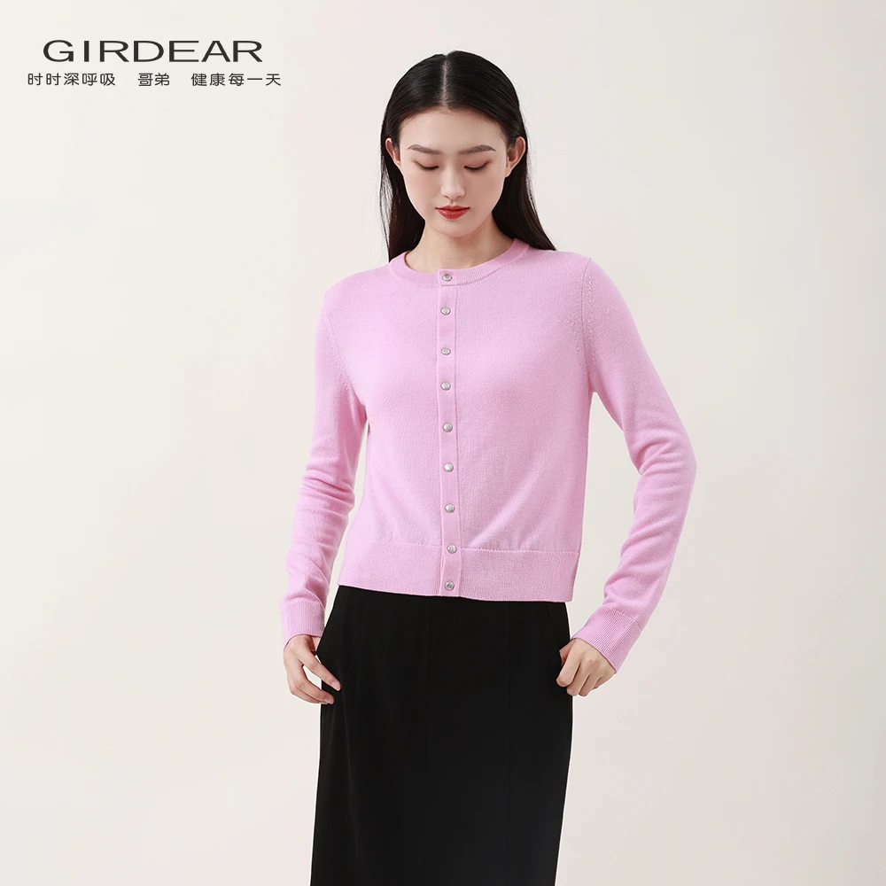 GIRDEAR/哥弟休闲百搭圆领绵羊毛针织开衫外套毛衣打底衫女148023