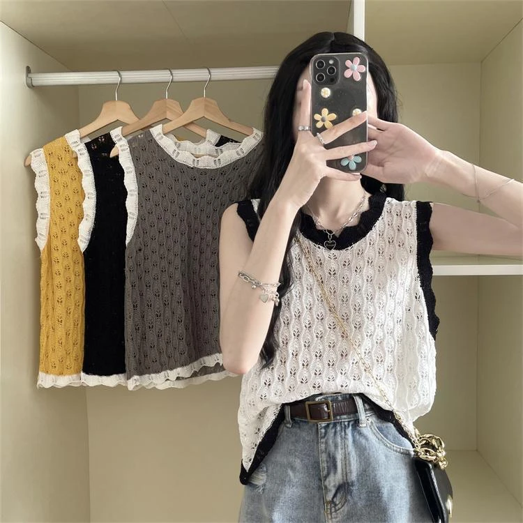 2025夏季吊带背心女韩版设计立体钩花黑白撞色镂空圆领无袖针织衫