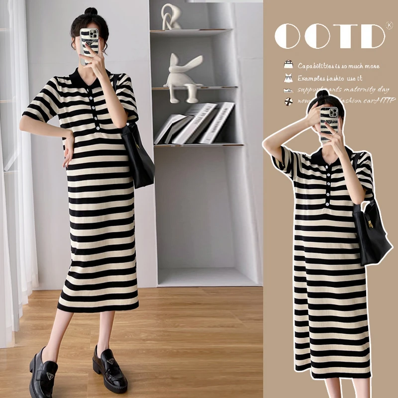 时髦孕妇装新款2025夏季新品宽松大码网红孕妇条纹时尚显瘦连衣裙