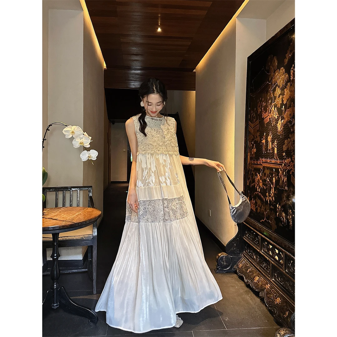 三吉黑花【花赋】国风烧花撞色连衣裙子2025新款今年流行新中式潮