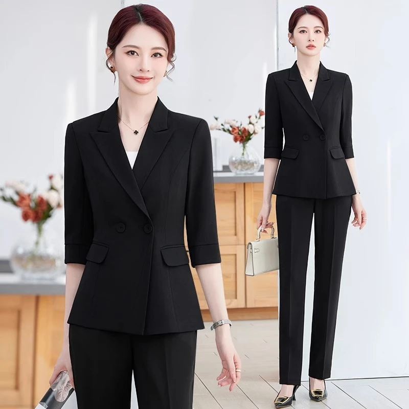 黑色中袖西装套装女2025新款夏高级气质职业美容院珠宝店工作服薄