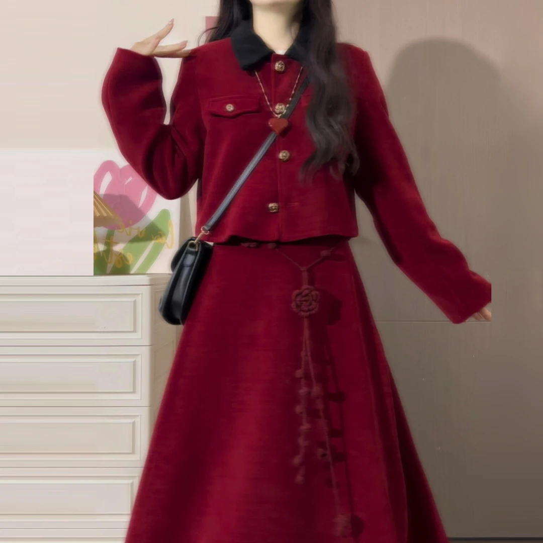 2025新款红色小香套装连衣裙子女秋冬圣诞穿搭一整套高级收腰显瘦