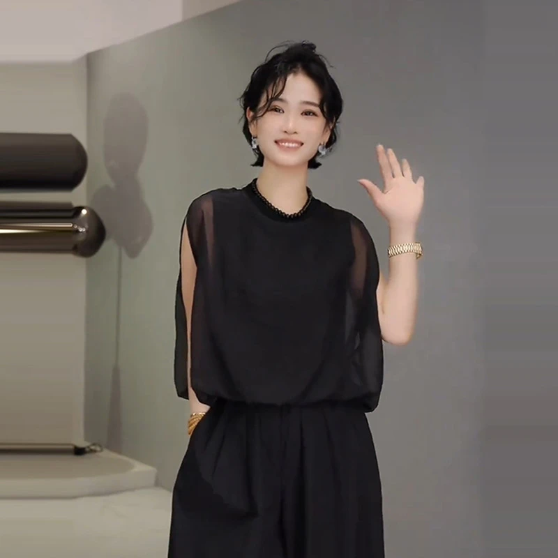 夏季新款韩系潮流法式圆领宽松无袖衬衫女百搭小众时尚设计感上衣