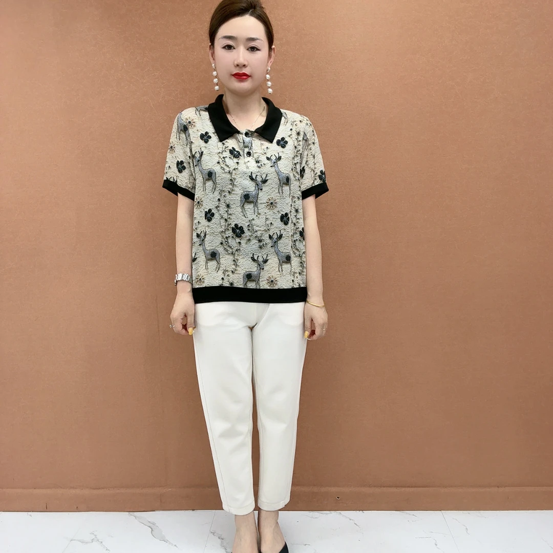 2586夏装翻领休闲中老年女装薄款碎花圆领夏季宽松型大码提花T恤