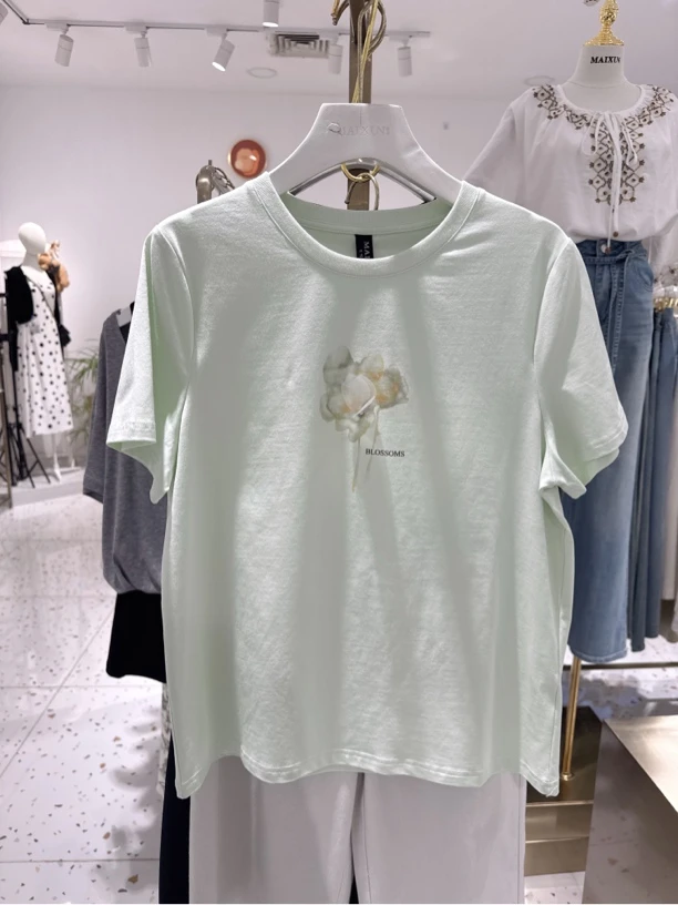 麦寻运动风短袖针织植物花卉圆领T恤绿色潮流女百搭夏季