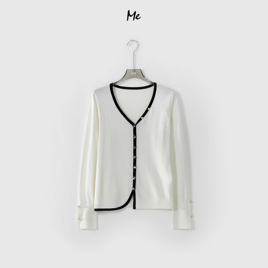 ME【金扣明线开衫】绵羊毛桑蚕丝混纺针织上衣软糯亲肤毛衣MEQA0752