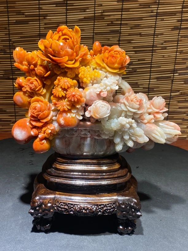 寿山石大花篮精品大摆件花开富贵吉祥如意