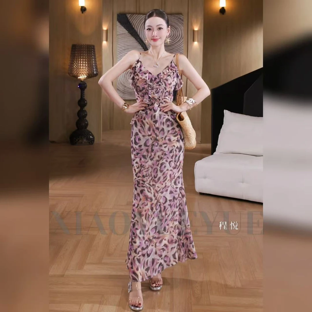 【粉红豹】A-02196春夏高级感粉色豹纹色欧若风印花连衣裙