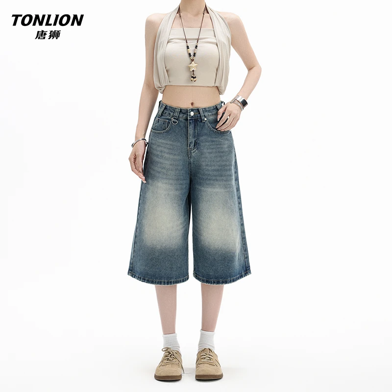 唐狮美式百搭复古蓝阔腿牛仔七分裤女夏新款高腰宽松中裤直筒短裤