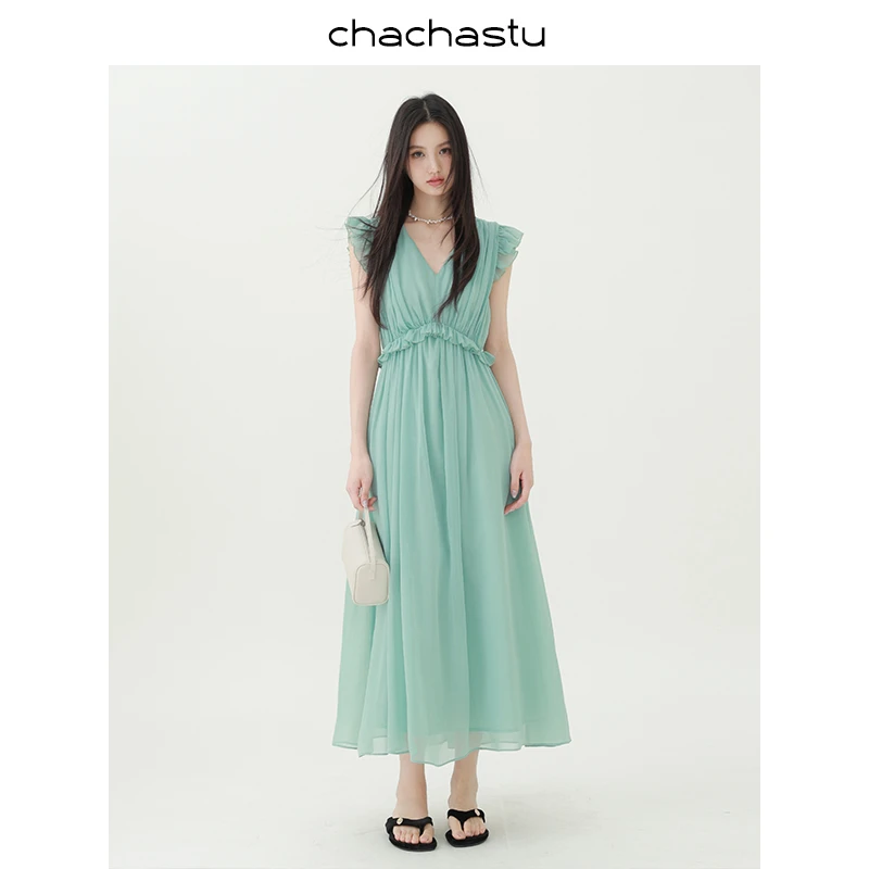 CHACHASTU【出游】松石绿系列轻盈荷叶高腰连衣裙K01