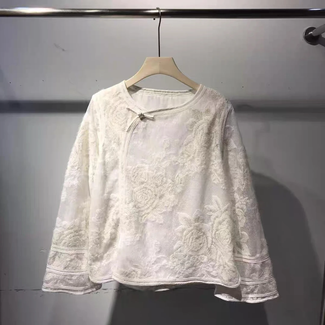 117 新中式国风盘扣衬衫女春季宽松刺绣蕾丝衫减龄上衣高级感