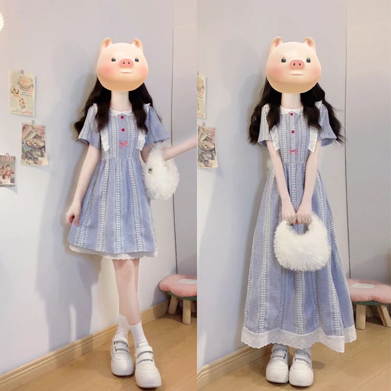 大码【椰云奶霜】夏新款法式蓝色格子娃娃领连衣裙短款半裙洋气穿搭