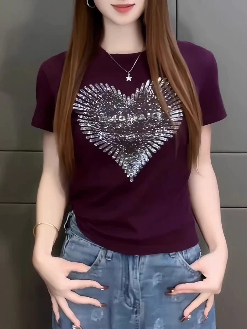 重工爱心烫钻欧若短袖t恤女大码夏季新款胖MM高级感正肩上衣200斤