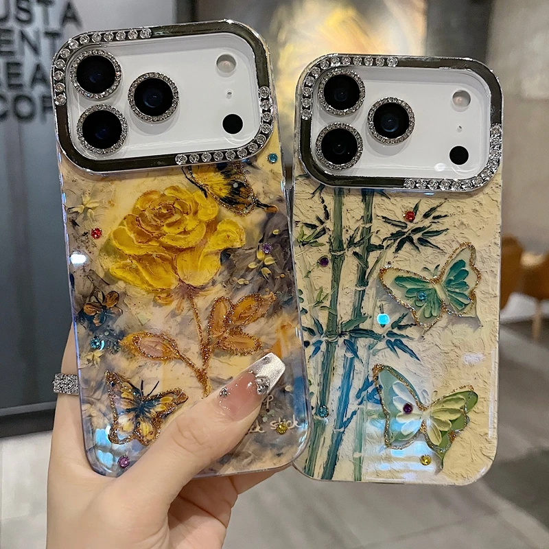 适用苹果系列iPhone17新款手机壳时尚高级感竹叶蝴蝶半钻大孔透气