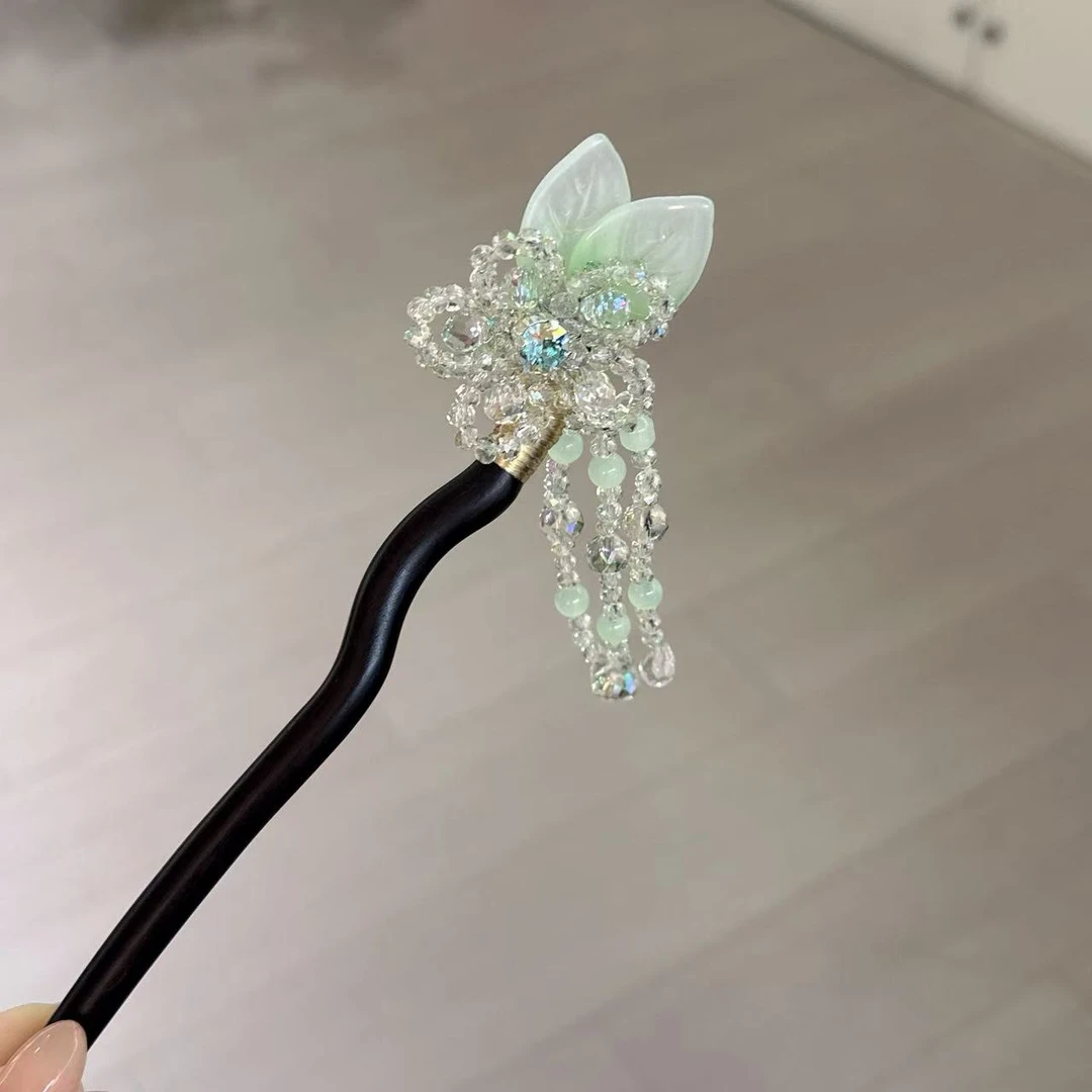 FUXI/福熙新款精品水晶小清新绿色手工编织流苏发簪1359