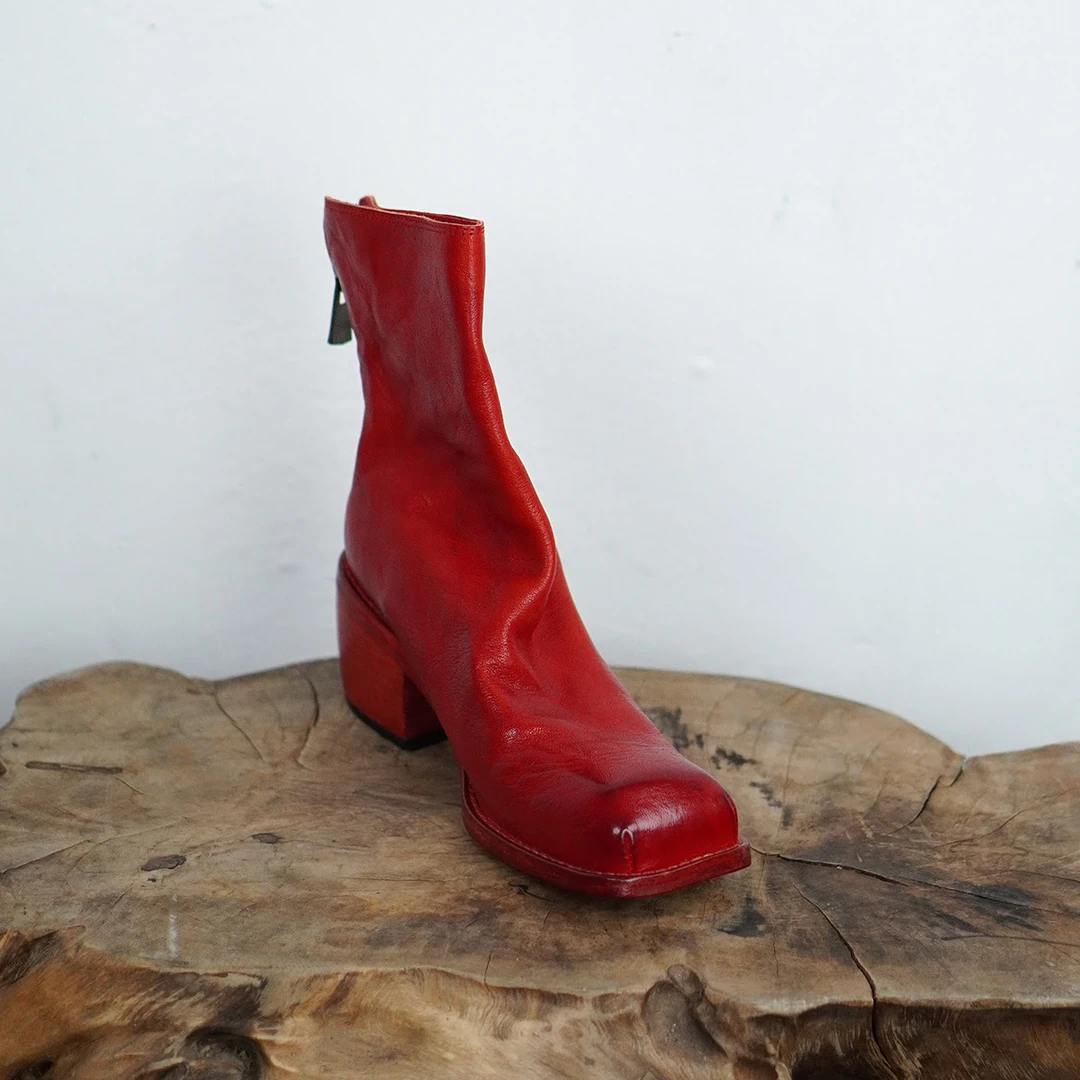 水洗马皮暗黑先锋重工手作方头后拉链粗跟短靴个性潮流复古倒靴潮